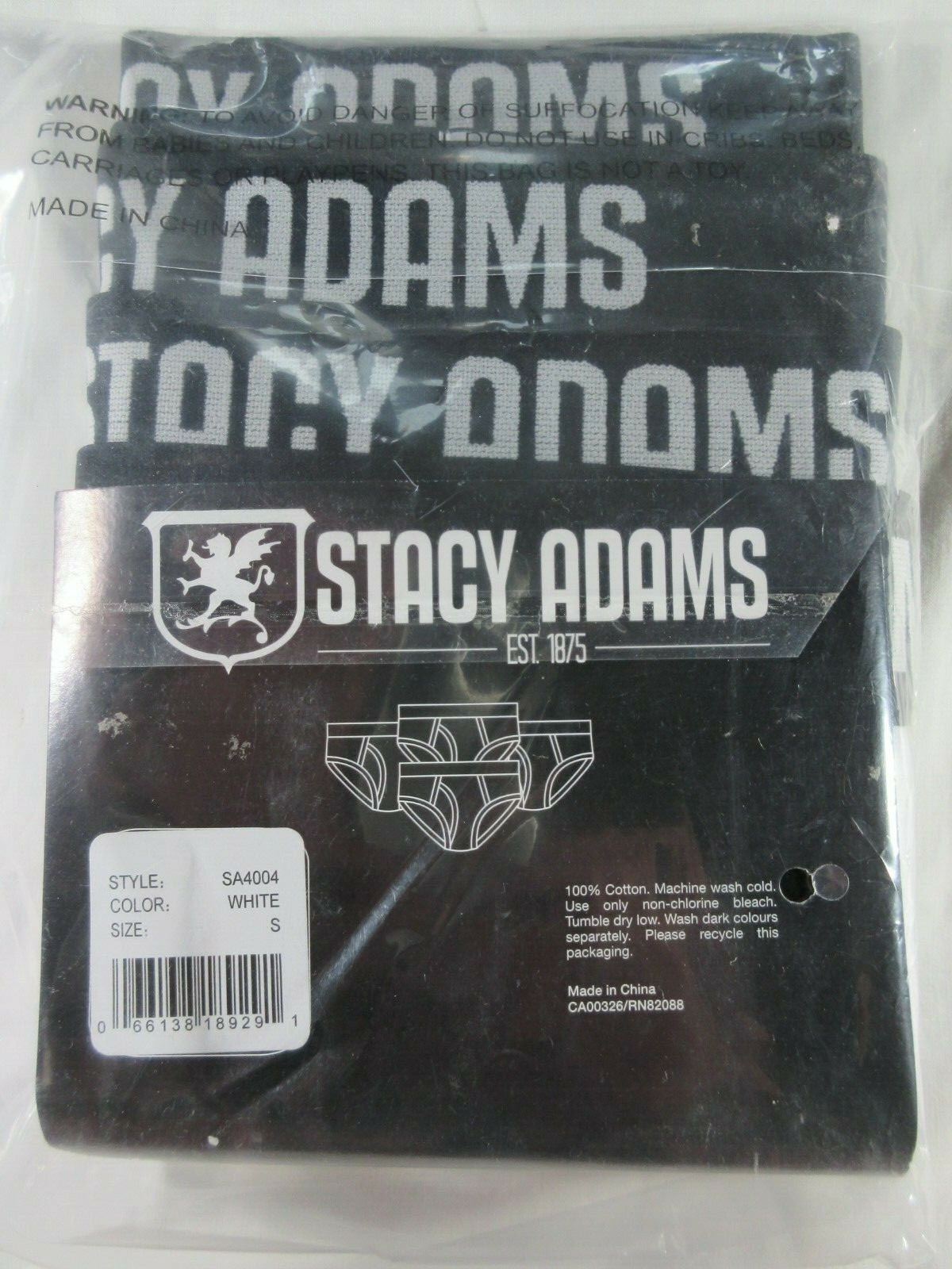 STACY ADAMS Men's SMALL 4 pack WHITE Cotton Brief Black Logo Waistband NEW image 4