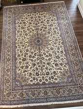 Handmade Vintage Ivory & Blue Classic Oriental Rug,Floral Medallion Design,11x16