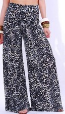 Black/Gray Leopard Jersey Stretch Wide Leg Long Pants/Palazzo S