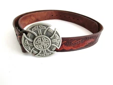 vintage great American products pewter celtic belt buckle tooled leather belt