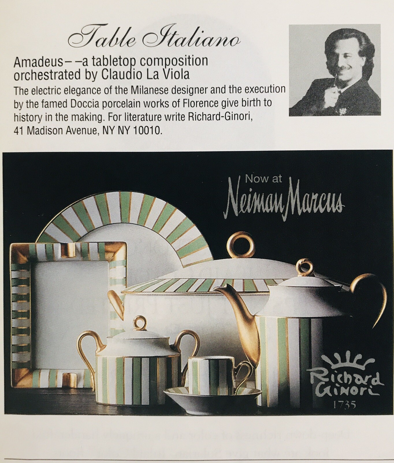 1994 AD for Amadeus Porcelain Claudio La Viola, Richard Ginori Rare