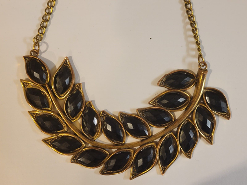 Collana Vintage Foglia Con Pietre Nere Dichiarazione - Foto 3 di 5