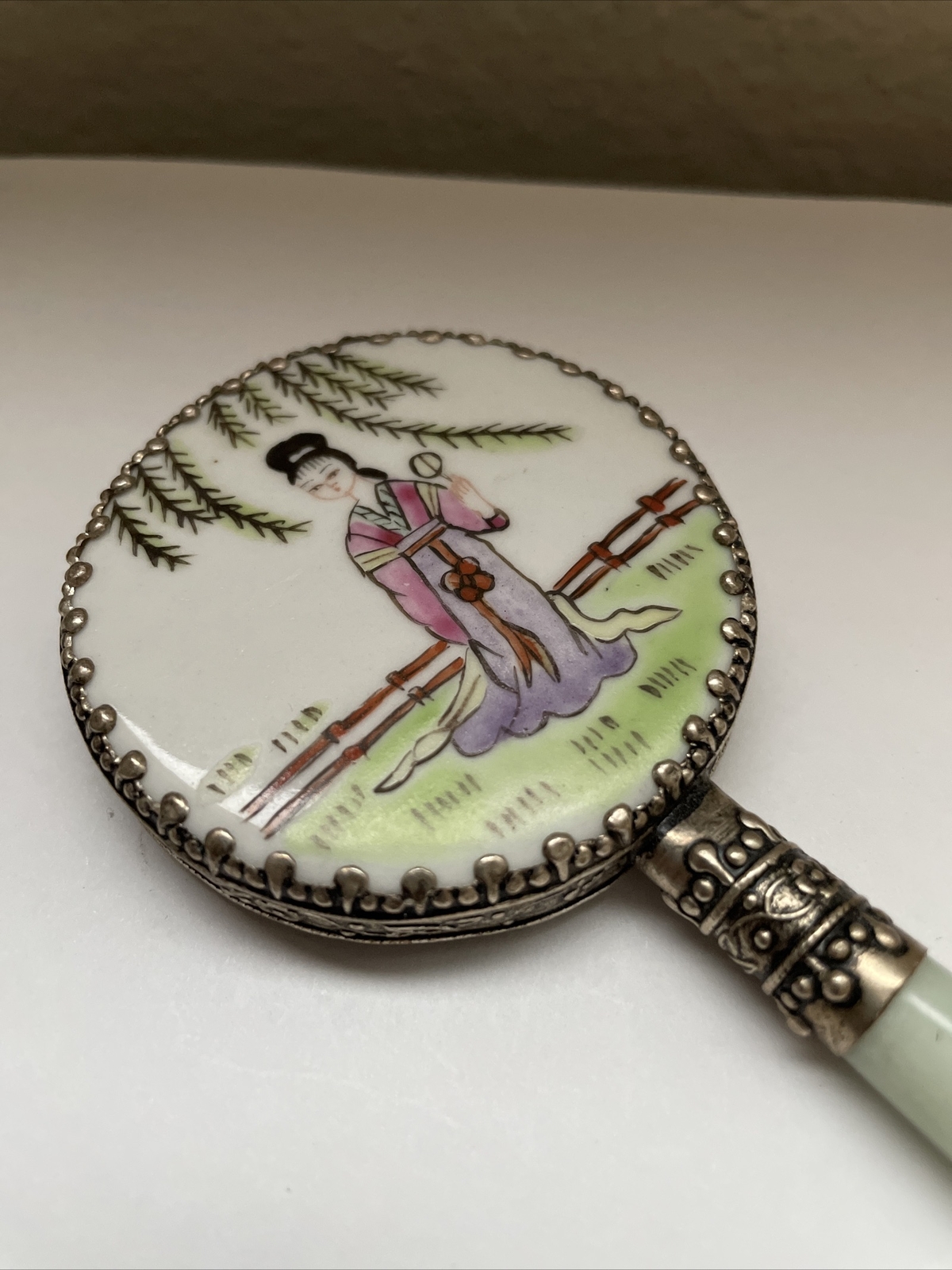 Vintage JAPANESE HAND MIRROR with JADE HANDLE Hand Painted Porcelain
