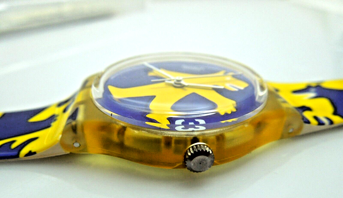 Swatch Vintage 1994 NWT Watch Model BESTIONE Yellow & Blue Bear Design Swatch 1993 BESTIONE Blue Yellow Bear Pattern Swiss Watch  main image 4