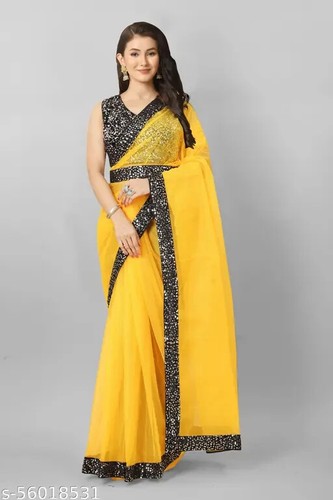WOMEN SUPER NET FABRIC SAREE WITH SEQUENCE WORK LACE BORDER, BLOUSE AND BELT - Picture 4 of 21