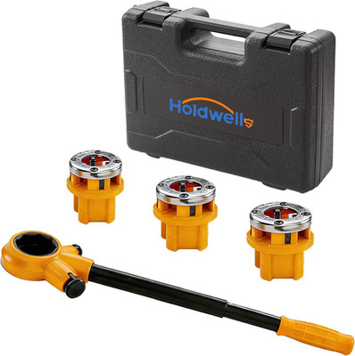 Ratchet Pipe Threader Kit W/ 3 NPT Dies (1/2'', 3/4'', 1''), Heavy-Duty 9Sicr Steel