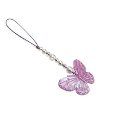Purple Luminous Butterfly Pendant Phone Lanyard Short Pearl Beads Hand Wrist