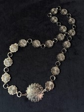 Vintage 1970s silver tone chain belt etched medallion floral metal boho rocker