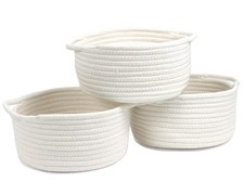 Small Basket with Handle, Set of 3 Cotton Rope White Woven Baskets for Organi...