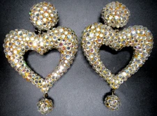 JAMES ARPAD Sparkling Ice Rhinestone Dangling Heart Vintage Clip Earrings