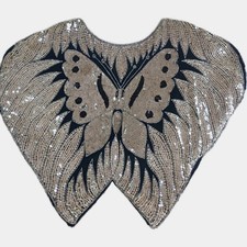 Vintage Women's Silk Black Silver Sequined Beaded Butterfly Shirt Blouse Top