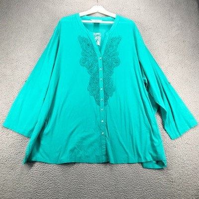 ULLA POPKEN Top Womens Size 28/30 Teal Crochet Cotton Button Up Long Sleeve NEW