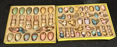 Vintage Easter Wooden Ornament Set Bunnies Chicks Eggs Boxed Spring Decor Qty 56