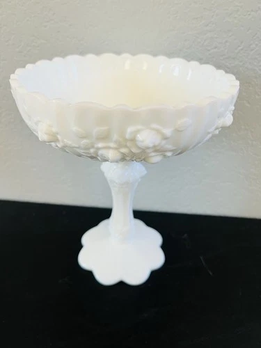 Vintage Fenton Cabbage Rose Milk Glass Compote Candy Dish Pedestal 7.5”