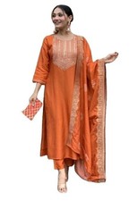 Women Embroidery Silk Straight Kurta and Pant Set with Dupatta
