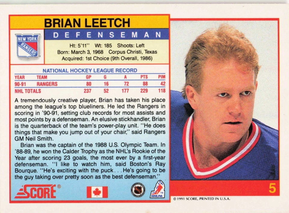 1991-92 Score Hockey Canadian Brian Leetch New York Rangers #5 - Image 2 of 2