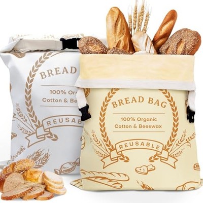 2 Pack Beeswax Bread Bags for Sourdough & Homemade Bread - Natural Cotton 
