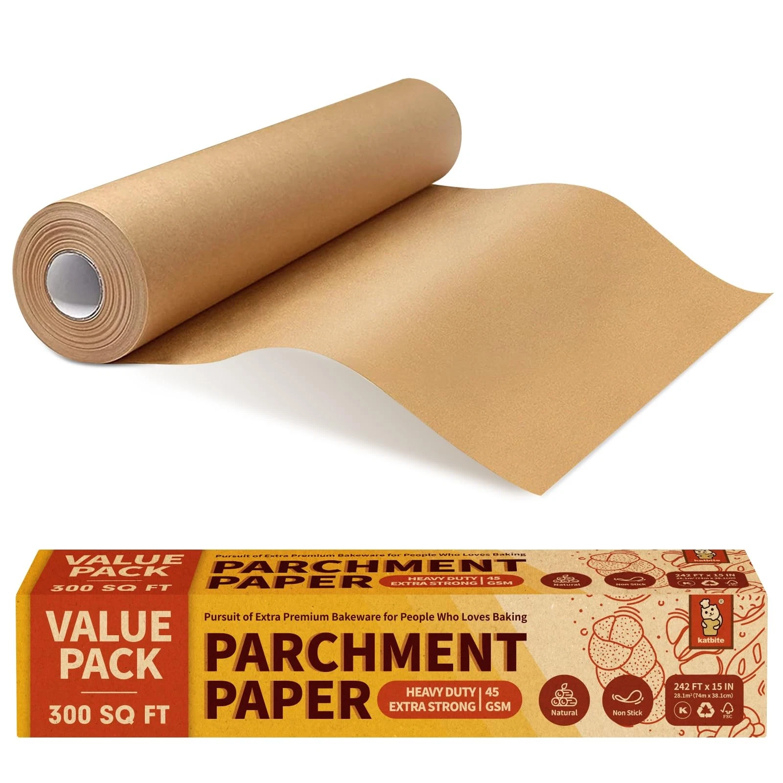 Unbleached Parchment Paper Roll, 15in x 242ft, 300 Sq.Ft, Non-Stick with Serr...