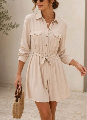 Esmara Shirt Dress Women US 10 Beige Button Front Belted Long Sleeve NWT