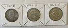 US 1961D, 1962D, 1963D Ben Franklin Half Dollars, 90% Silver Fine to Very Fine