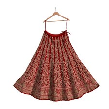 Indian Heavy Red Velvet Hand Embroidered Lehenga/Skirt Bridal Wear Zardozi