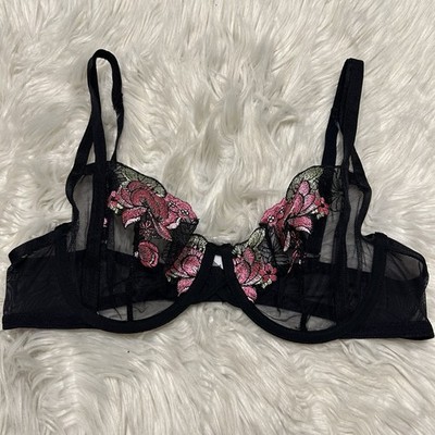 Adored By Adore Me 36C Bra Black Sheer Cup Underwire Back Closure Embroidered 
