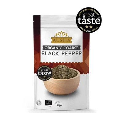 AUSHA Organic Black Pepper -200g - Coarse - UK Certified Organic, 1* GREAT TASTE AWARD