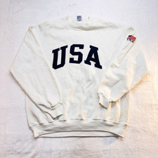Jerzees Super Sweats White Sweatshirt Blue USA  Flag Logo Size XL VTG Made USA