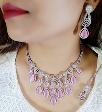 Indian Bollywood Silver Plated Ethnic AD CZ Jewelry Earrings Necklace Bridal Set