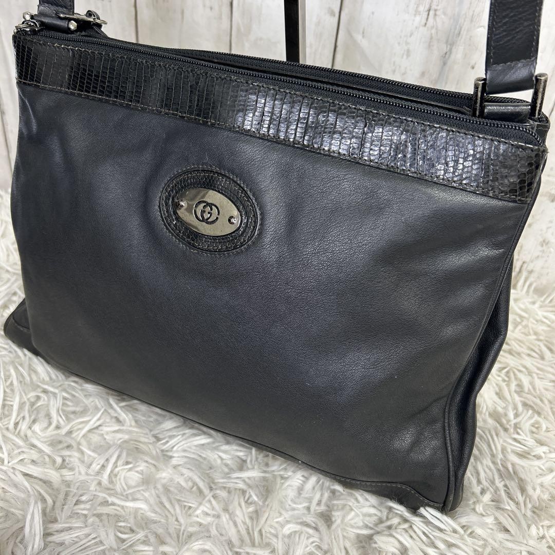 Gucci Black Lizard GG Interlocking Leather Shoulder Bag Pre-Owned