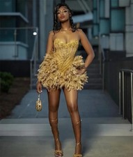 Mini Gold Feather Ball Dress Sexy Backless Cocktail Party Special Occasion Dress