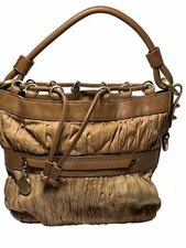 Donald Pliner Camel Pleated Leather Satchel/Handbag Top Handle Cinch Closure 