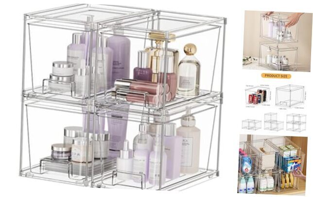 4 Pack Clear Stackable Storage Drawers, Acrylic Bathroom Makeup