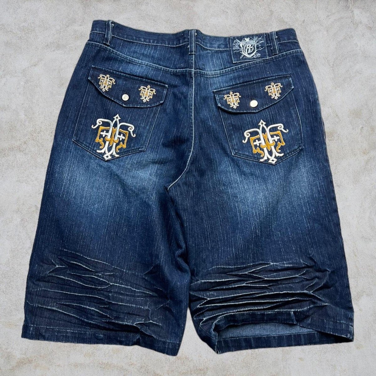 Dirty Denim×Ruff Riders DMXコラボデニムショートパンツ VINTAGE Y2K RUFF RYDERS DARK WASH BAGGY EMBROIDERED JEAN SHORTS