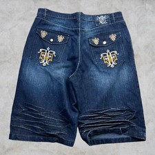 VINTAGE Y2K RUFF RYDERS DARK WASH BAGGY EMBROIDERED JEAN SHORTS DMX 42
