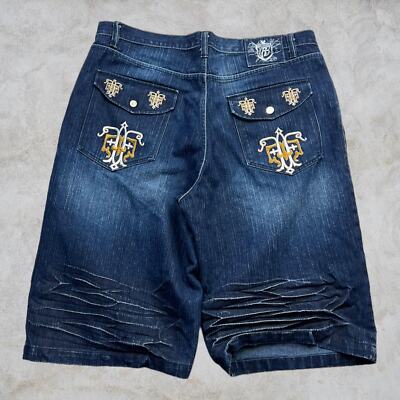 VINTAGE Y2K RUFF RYDERS DARK WASH BAGGY EMBROIDERED JEAN SHORTS