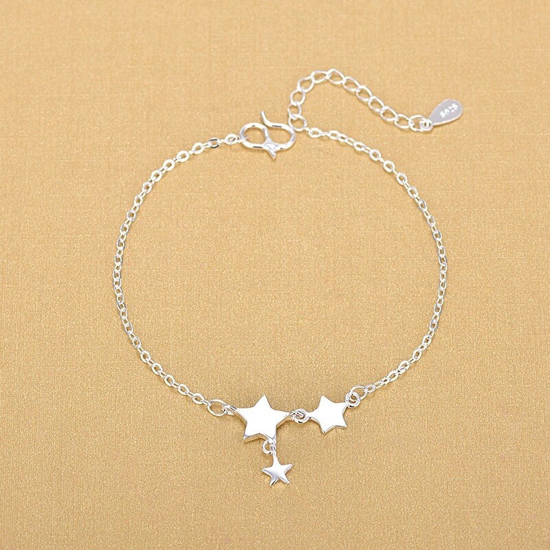 Women's 925 Sterling Silver Stars Rolo Link Ankle Bracelet - 8" + 2" Extender, Silver Plated, Chain Style