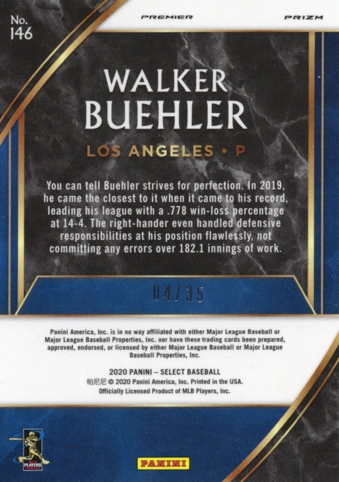 Walker Buehler Light Blue Prizm /35 2020 Panini Select 146 Dodgers Baseball Card - Image 2 of 2