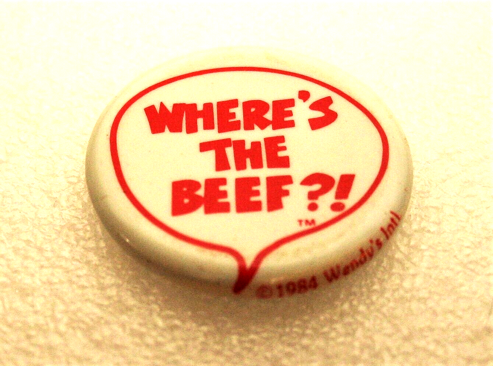 Wendy's Hamburgers Where's The Beef? Tin Litho Button Pin NOS New 1984 ...