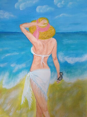 Girl in a swimsuit on the seashore. Landscape Acrylic and oil pastel 8*6 inches
