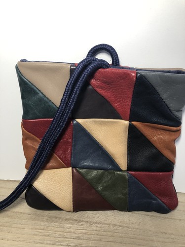 Vintage 1970s Patchwork Purse Genuine Leather Hippy Boho - Afbeelding 6 van 11