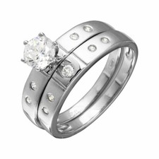Sterling Silver 2-pcs Engagement Wedding CZ Ring Set w/ 5 mm 0.5 ct Center CZ
