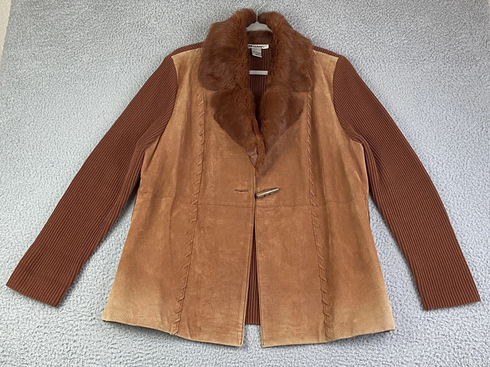 Nygard Collection Womens Suede Leather Rabbit Fur Large 14/16 Cardigan Coatigan