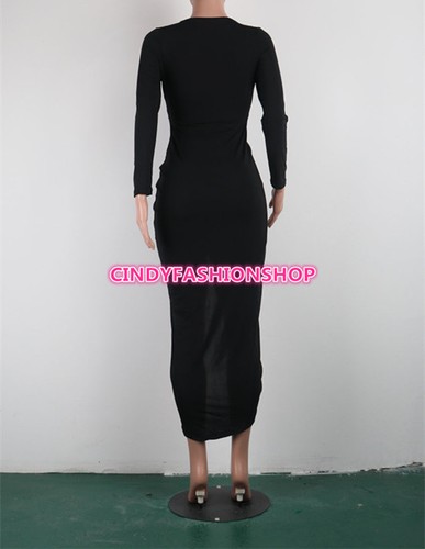 Sexy Langarm-Midikleid V-Ausschnitt unregelmäßig figurbetont Clubwear Party #S30 für Damen - Bild 5 von 14