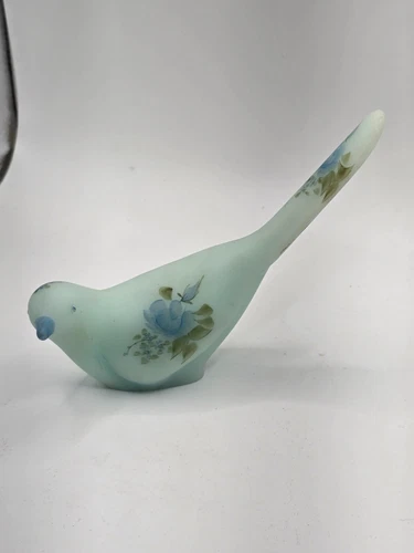 Fenton Happiness Bird, Blue Satin Glass, "Blue Roses on Blue Satin".....K. Boley