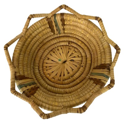 Handwoven Natural Coiled Straw Basket With Decorative Multicolor Stripes Accents