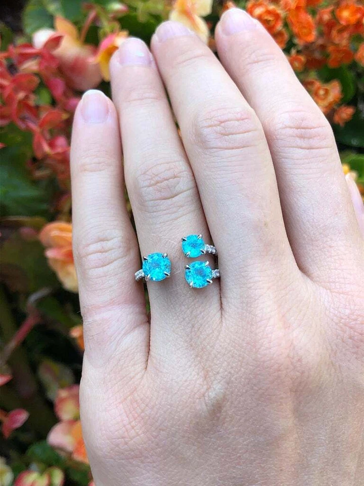 Turmalinas Paraiba brasileñas inmensamente raras de 2,10 quilates y 0,56 quilates de circonita cúbica blanca banda fina Foto 2 de 4