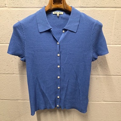 Alex Mill Suzanne Rib Knit Short Sleeve Button Down Shirt Cotton Linen Blue XL
