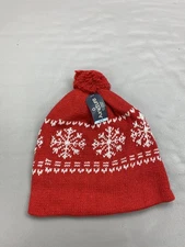 Juncture Hat Beanie Red White Snowflake Fleece Lined Pom Pom Womens One Size