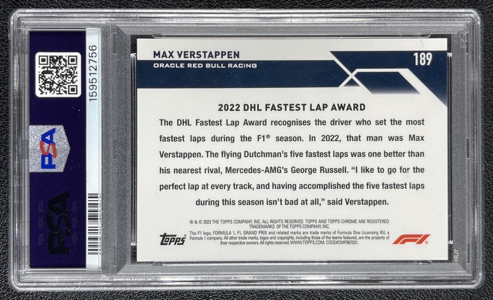 MAX VERSTAPPEN PSA 10 2023 TOPPS CHROME FORMULA 1 #189 F1 RED REFRACTOR 3/5 view 2